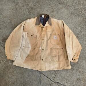 Vtg 80s CARHARTT Duck Tan Sunfaded Blanket Lined Workwear Chore Coat XXL USA